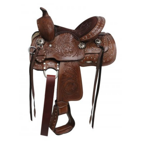 10" DOUBLE T  YOUTH SADDLE WITH FLORAL TOOLING AND SILVER STUDS - Double T Saddles