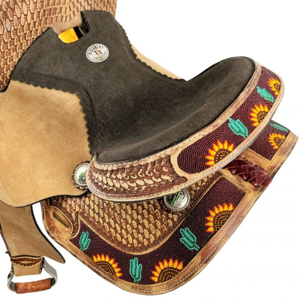 10" Double T  Youth Hard Seat Barrel style saddle with cactus and sunflower beaded accents. - Double T Saddles
