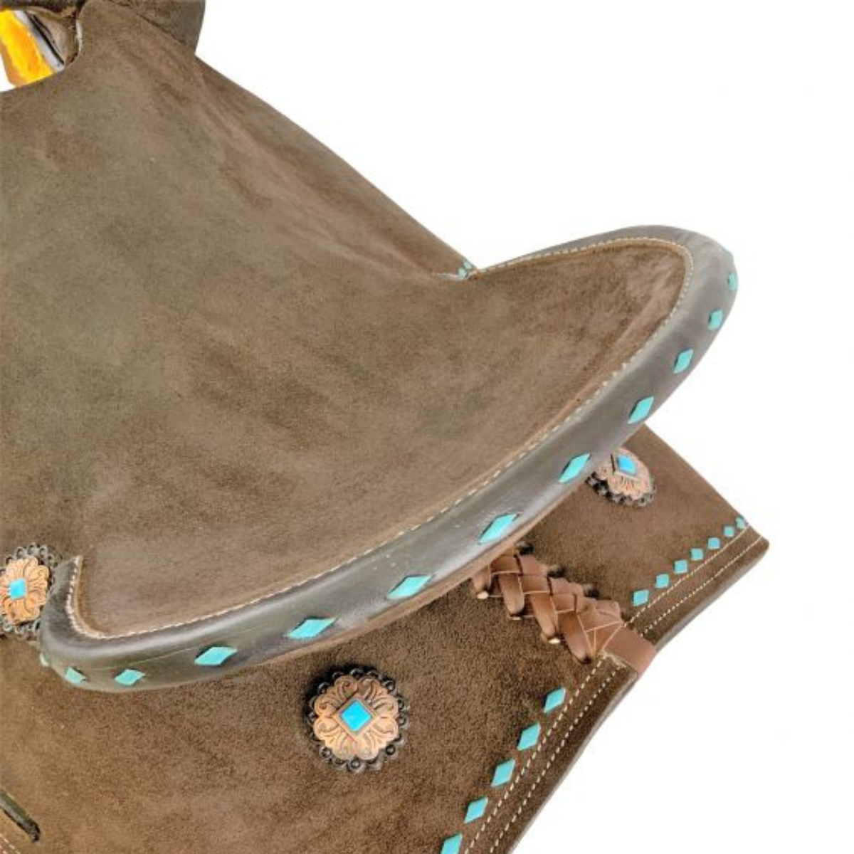 12"  DOUBLE T   BARREL STYLE SADDLE WITH OILED ROUGH OUT LEATHER, TEAL BUCKSTITCH ACCENTS AND FLOWER CONCHOS - Double T Saddles