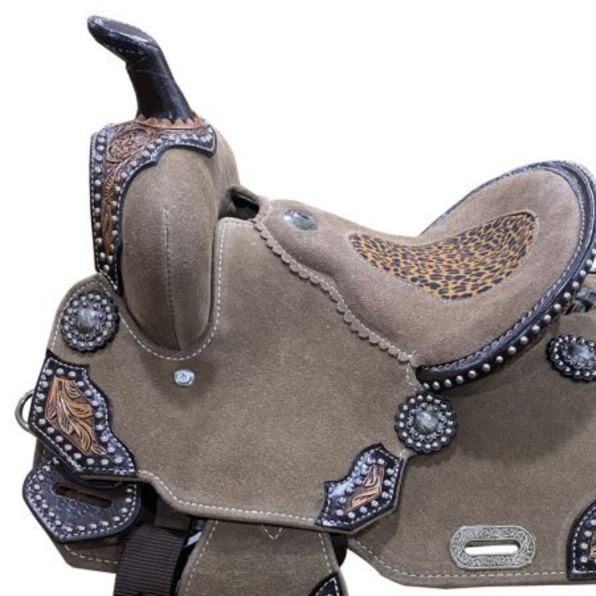 12" DOUBLE T ROUGH OUT BARREL STYLE SADDLE WITH CHEETAH PRINTED INLAY - Double T Saddles
