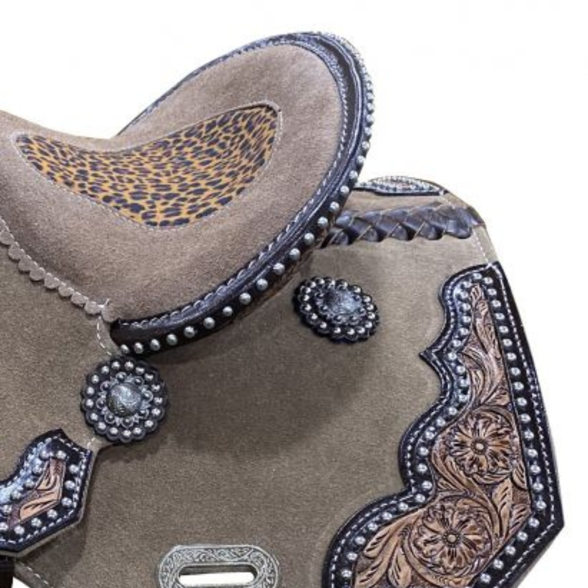 12" DOUBLE T ROUGH OUT BARREL STYLE SADDLE WITH CHEETAH PRINTED INLAY - Double T Saddles