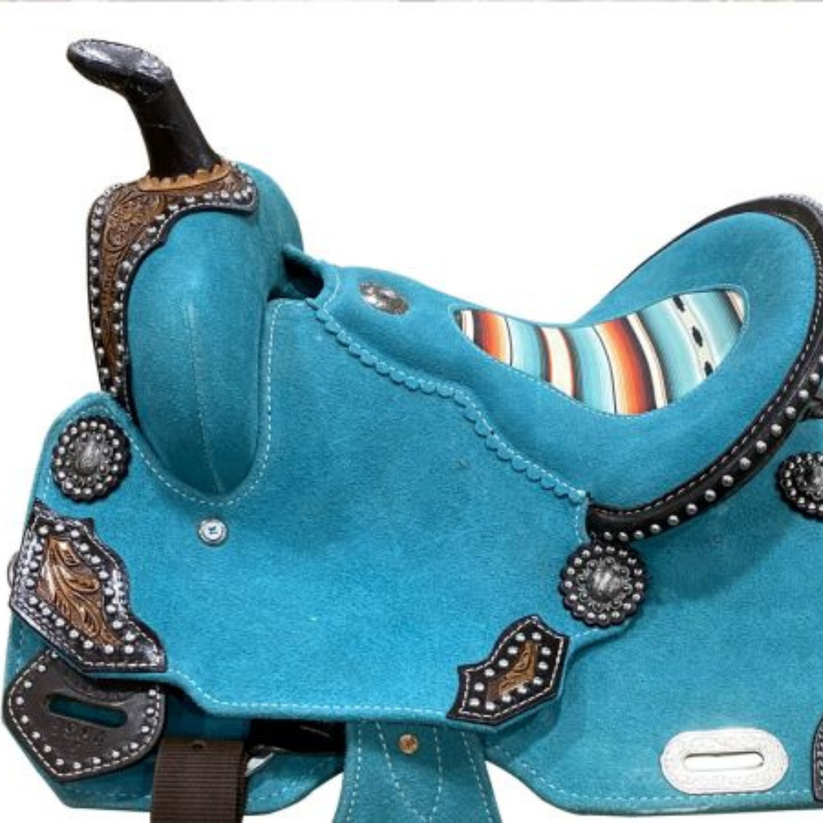 12" DOUBLE T TEAL ROUGH OUT BARREL STYLE SADDLE WITH SOUTHWEST PRINTED INLAY - Double T Saddles