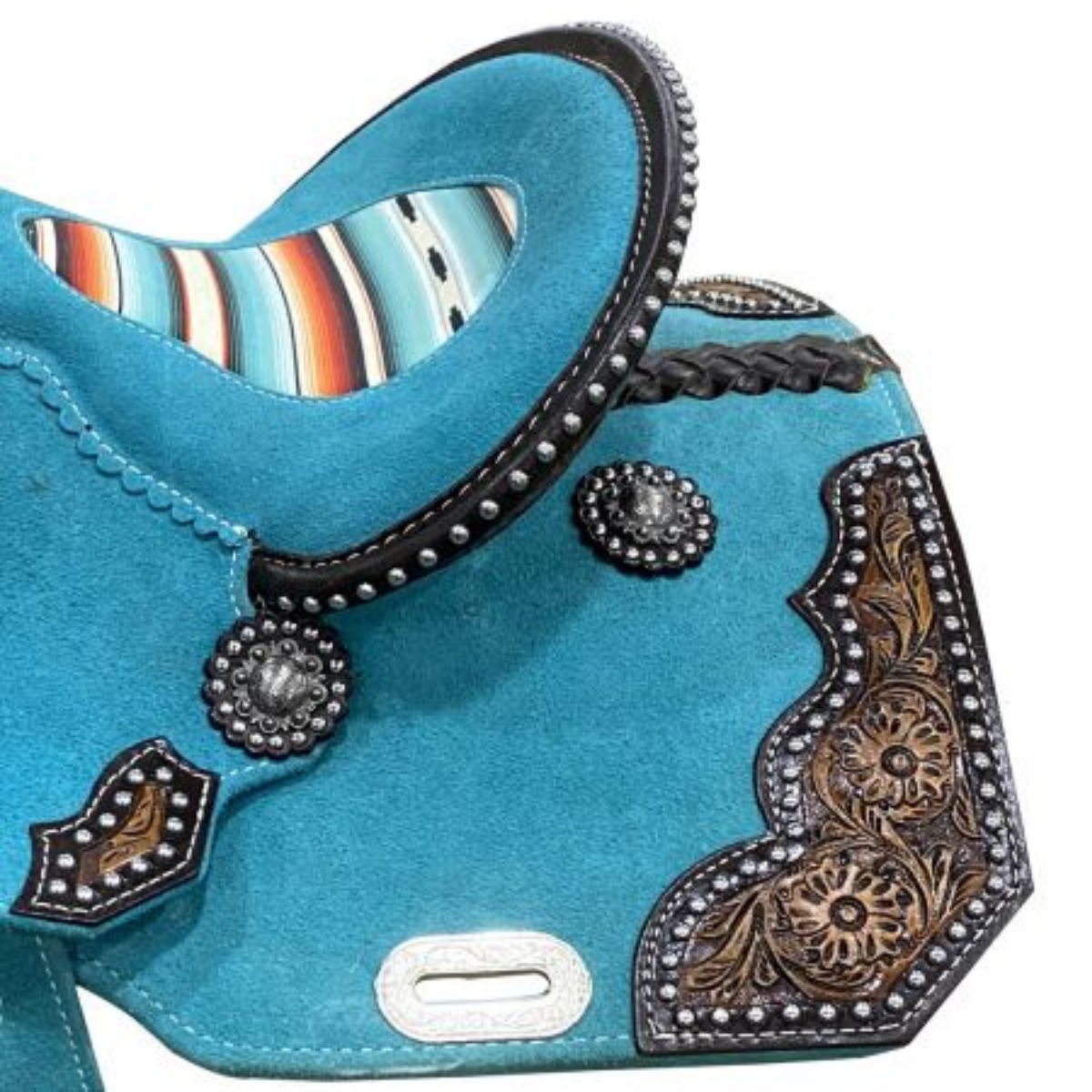 12" DOUBLE T TEAL ROUGH OUT BARREL STYLE SADDLE WITH SOUTHWEST PRINTED INLAY - Double T Saddles