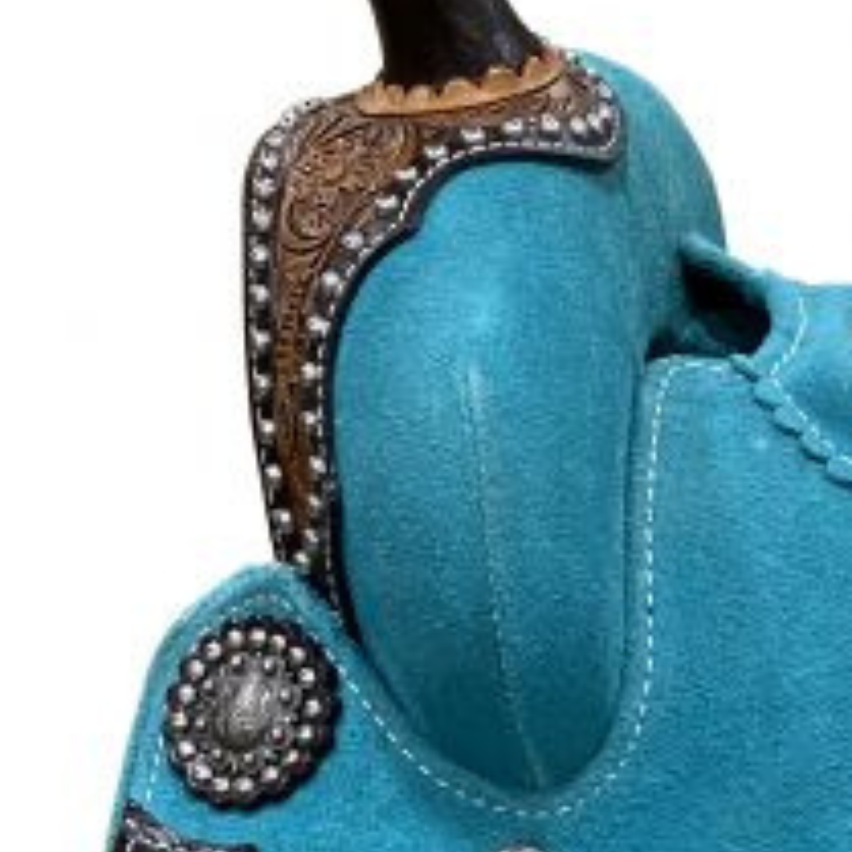 12" DOUBLE T TEAL ROUGH OUT BARREL STYLE SADDLE WITH SOUTHWEST PRINTED INLAY - Double T Saddles