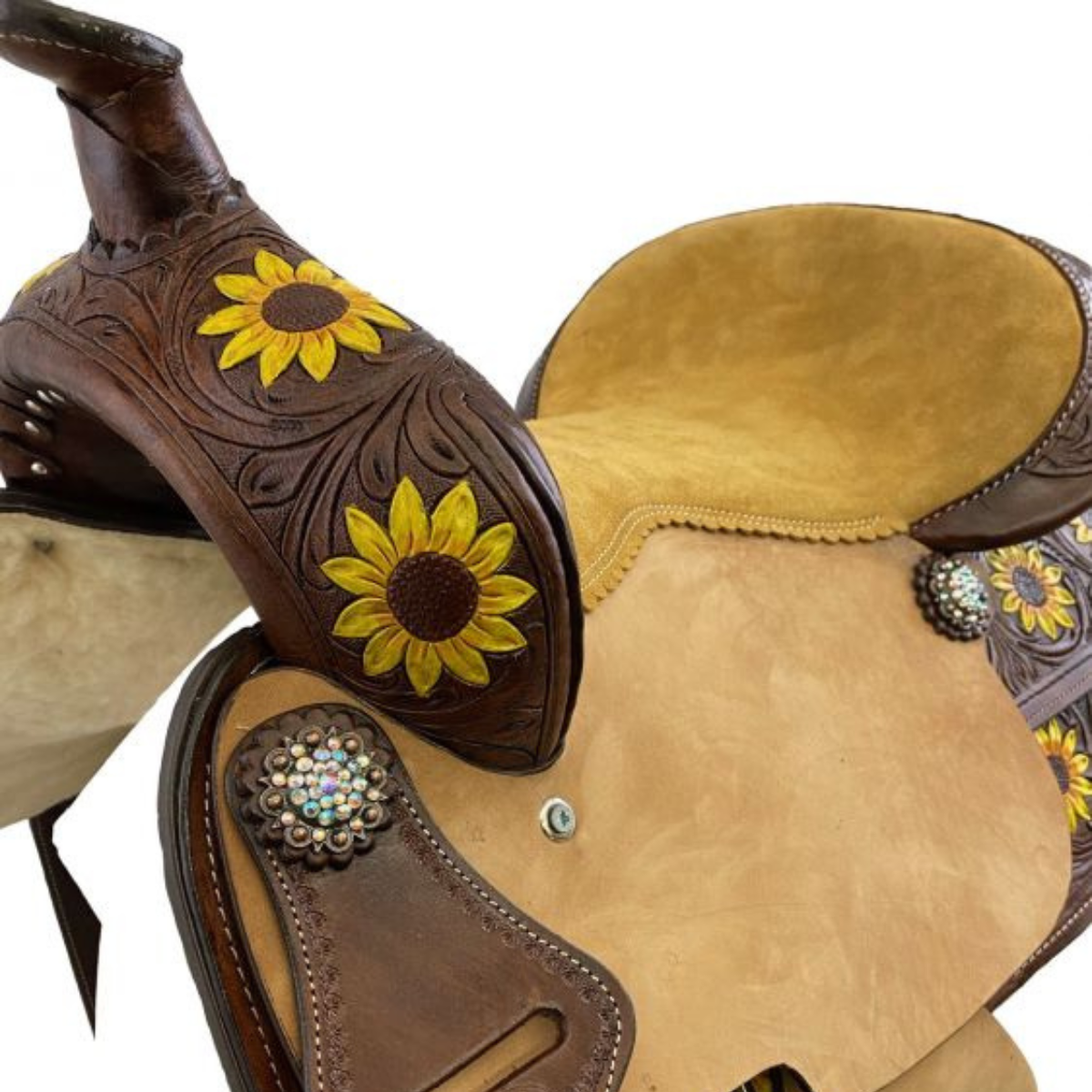 12" DOUBLE T  BARREL STYLE SADDLE WITH HAND PAINTED SUNFLOWER DESIGN COMES COMPLETE WITH M - Double T Saddles