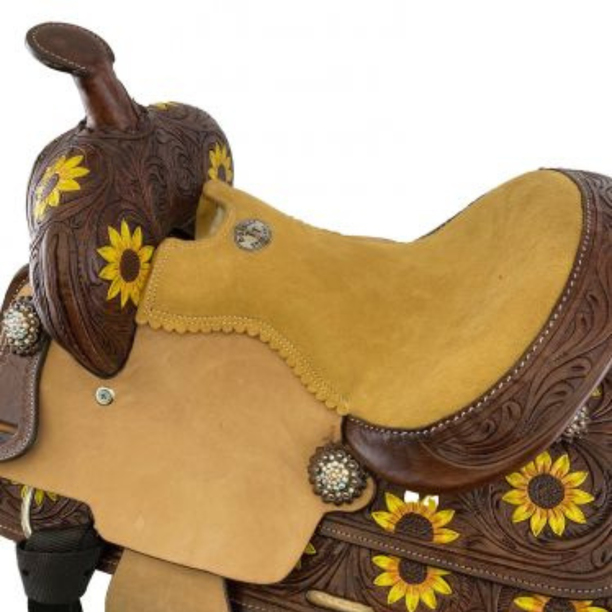 12" DOUBLE T  BARREL STYLE SADDLE WITH HAND PAINTED SUNFLOWER DESIGN COMES COMPLETE WITH M - Double T Saddles
