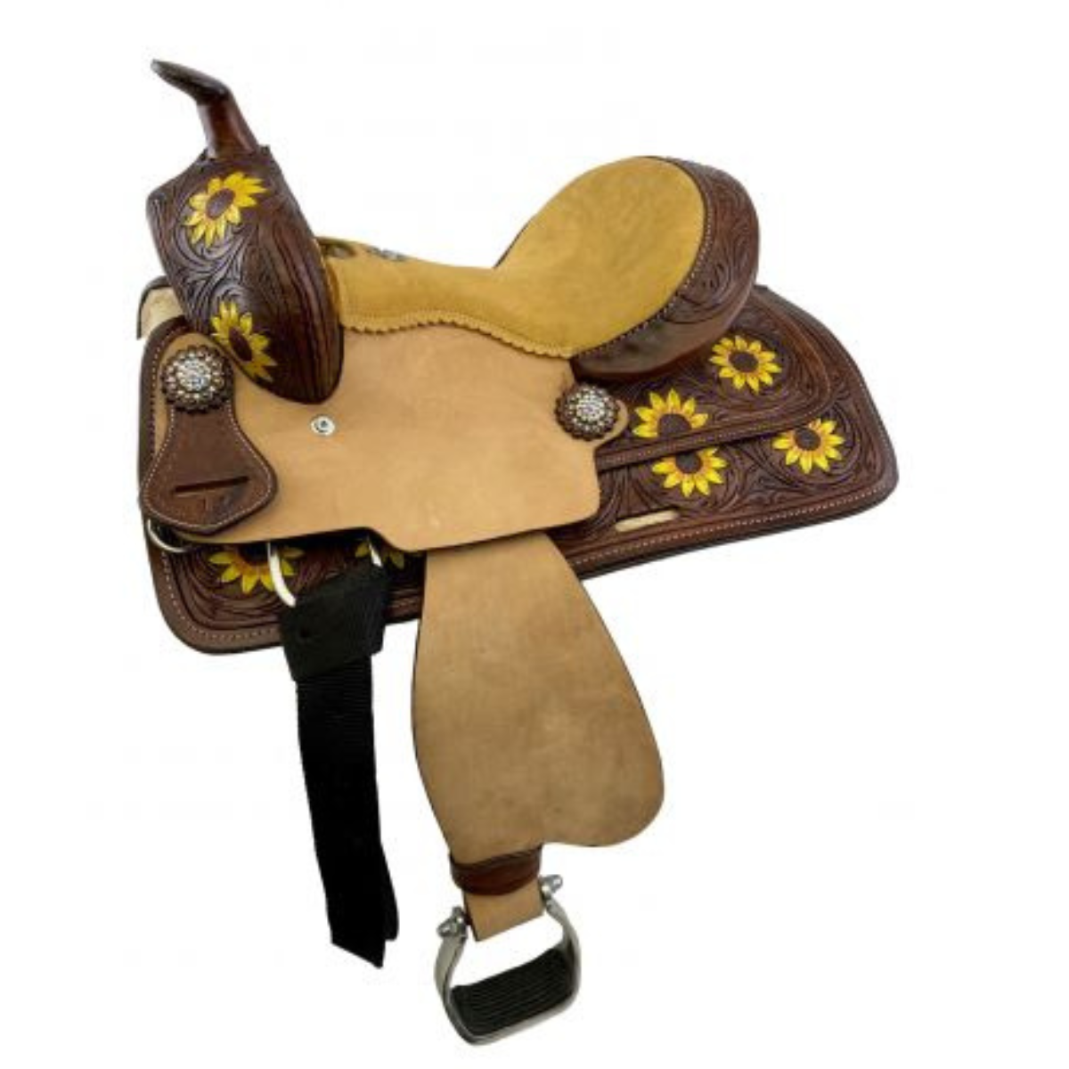 12" DOUBLE T  BARREL STYLE SADDLE WITH HAND PAINTED SUNFLOWER DESIGN COMES COMPLETE WITH M - Double T Saddles