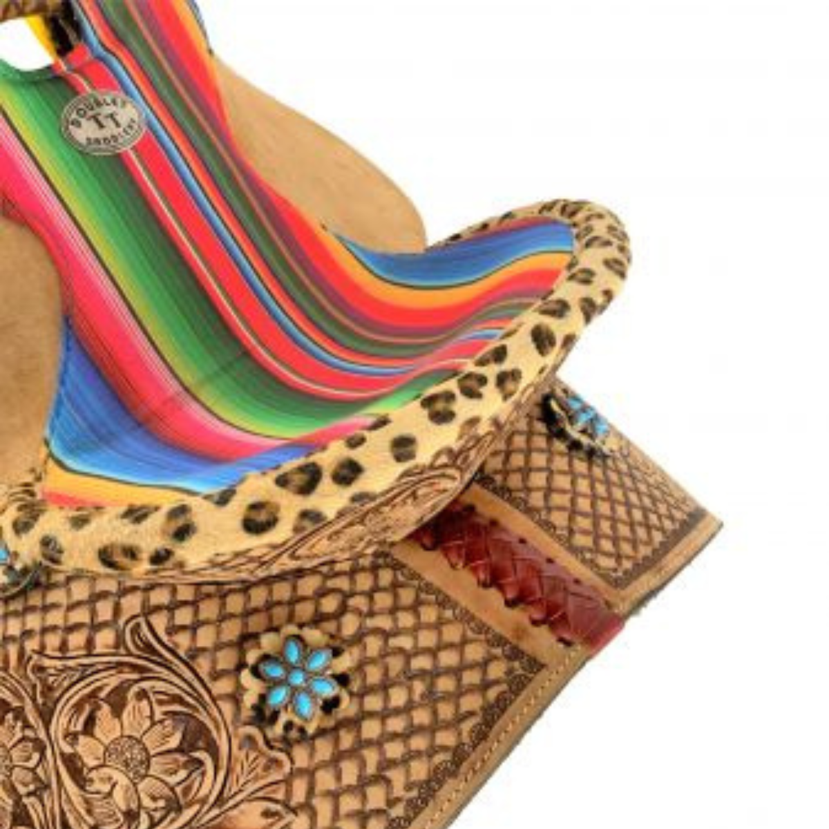 12"  DOUBLE T  BARREL STYLE WESTERN SADDLE WITH SERAPE & CHEETAH ACCENTS - Double T Saddles