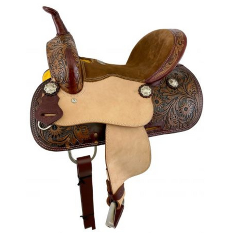12" DOUBLE T  BROWN SUEDE SEAT BARREL STYLE SADDLE WITH FLORAL TOOLING - Double T Saddles