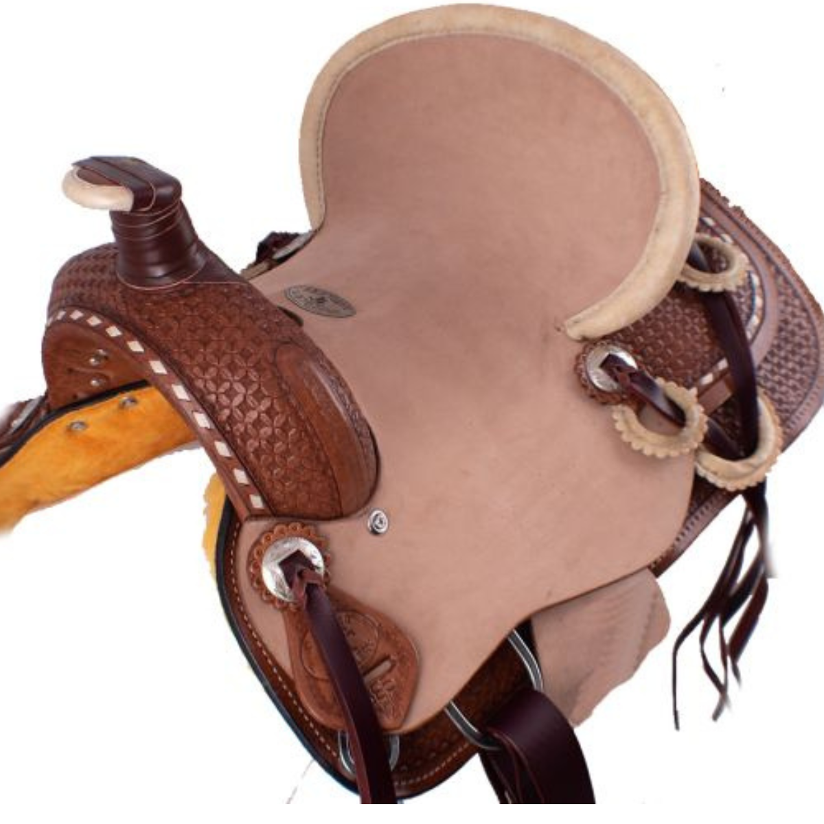 12" DOUBLE T HARD SEAT ROPER STYLE SADDLE WITH BASKET WEAVE TOOLING WITH RAW HIDE ACCENTS - Double T Saddles