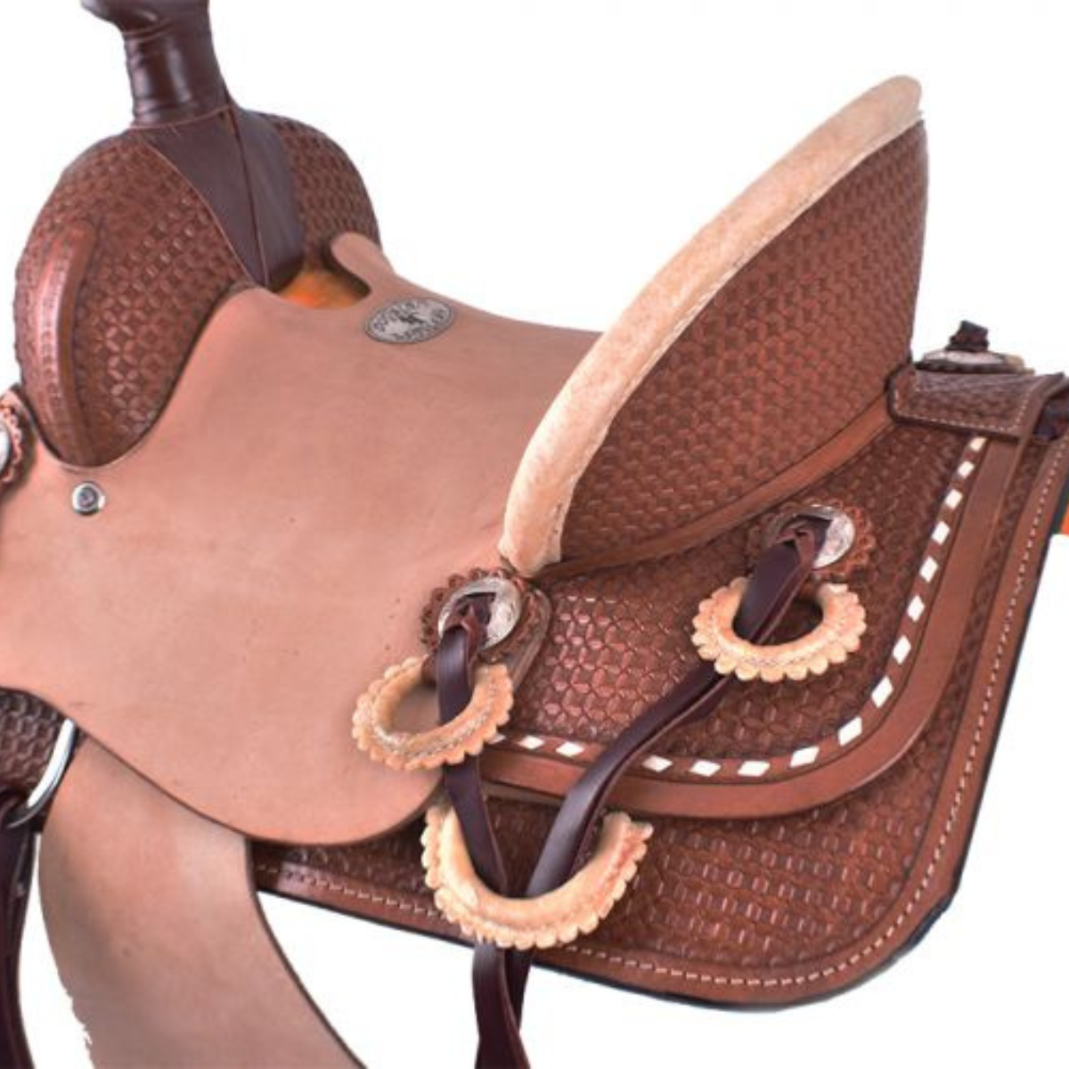 12" DOUBLE T HARD SEAT ROPER STYLE SADDLE WITH BASKET WEAVE TOOLING WITH RAW HIDE ACCENTS - Double T Saddles