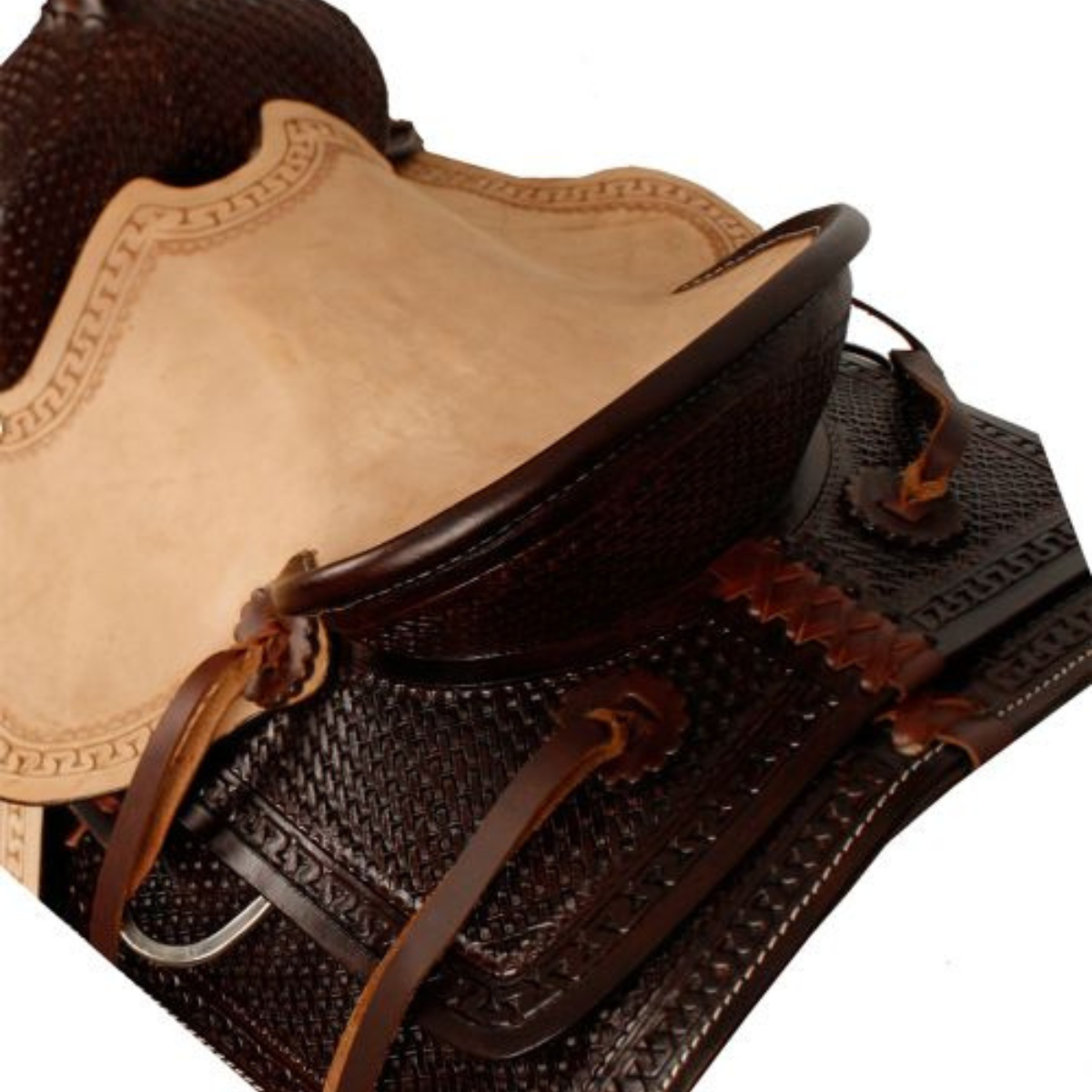 12" DOUBLE T HARD SEAT ROPER STYLE SADDLE WITH BASKETWEAVE TOOLING - Double T Saddles