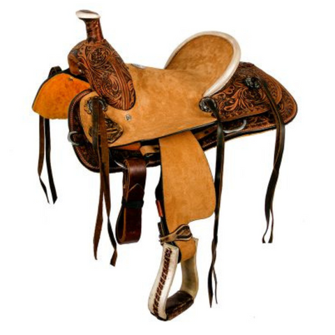 12" DOUBLE T HARD SEAT ROPER STYLE SADDLE WITH FLORAL TOOLING - Double T Saddles