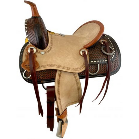 12" DOUBLE T  HARD SEAT ROPING STYLE SADDLE WITH BASKET WEAVE TOOLING - Double T Saddles