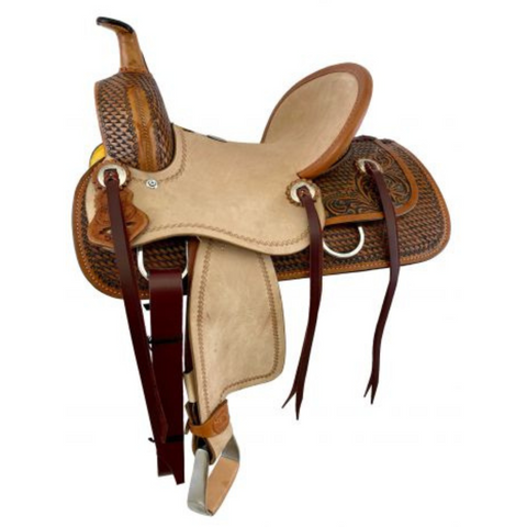 12" DOUBLE T  HARD SEAT ROPING STYLE SADDLE WITH COMBO BASKET/ FLORAL TOOLING - Double T Saddles