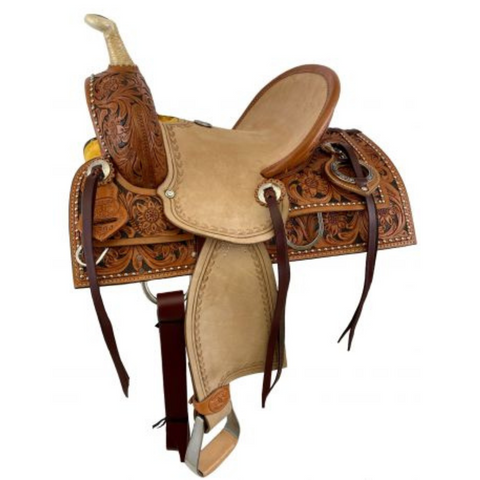 12" DOUBLE T  HARD SEAT ROPING STYLE SADDLE WITH FLORAL TOOLING - Double T Saddles