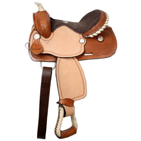 12" DOUBLE T YOUTH BARREL SADDLE WITH SILVER LACED RAWHIDE CANTLE, ROUGHOUT FENDERS AND JOCKIES - Double T Saddles