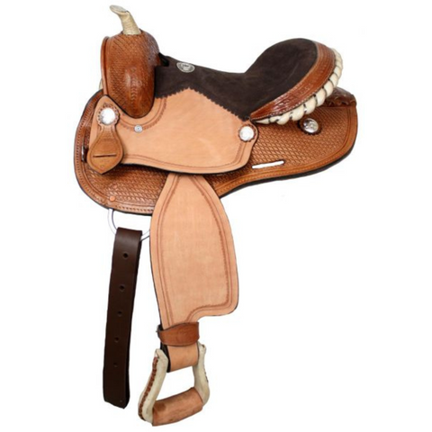 12" DOUBLE T YOUTH BARREL SADDLE WITH SILVER LACED RAWHIDE CANTLE, ROUGHOUT FENDERS AND JOCKIES - Double T Saddles