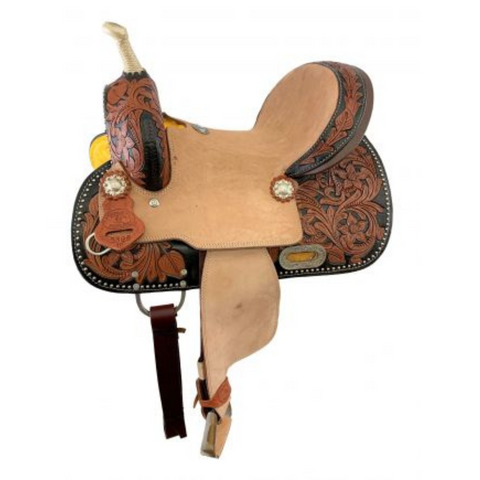 12" DOUBLE T  YOUTH BARREL STYLE HEARD SEAT SADDLE WITH A TWO-TONE FLORAL TOOLING - Double T Saddles