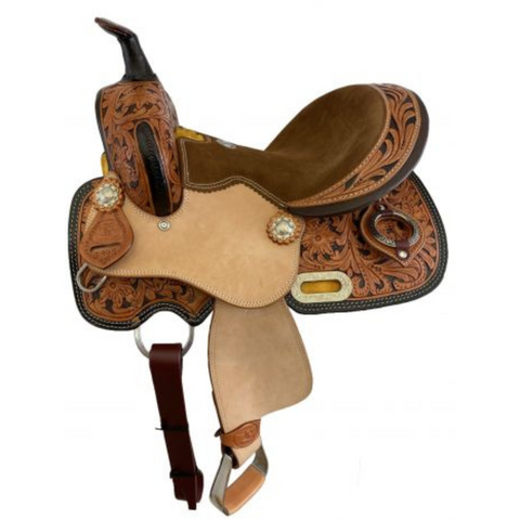 12" DOUBLE T YOUTH BARREL STYLE SADDLE SET WITH A TWO-TONE FLORAL TOOLING - Double T Saddles