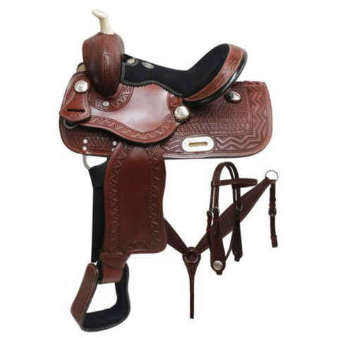 12" DOUBLE T YOUTH BARREL STYLE SADDLE SET WITH ZIGZAG AND BASKET WEAVE TOOLING - Double T Saddles