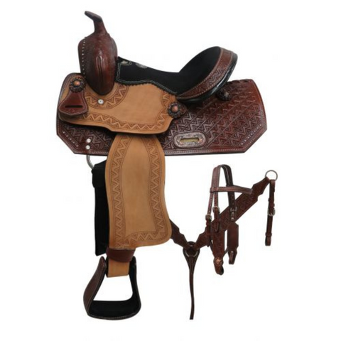 12" DOUBLE T YOUTH BARREL STYLE SADDLE SET WITH ZIGZAG TOOLING - Double T Saddles