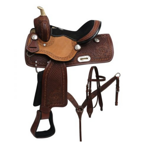 12" DOUBLE T YOUTH BARREL STYLE SADDLE SET WITH ZIGZAG, BASKET WEAVE AND FLORAL TOOLING - Double T Saddles