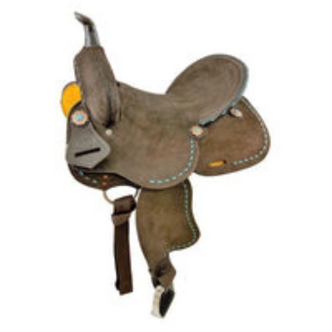 12" DOUBLE T YOUTH HARD SEAT ROPER STYLE SADDLE WITH CHOCOLATE ROUGH OUT LEATHER - Double T Saddles
