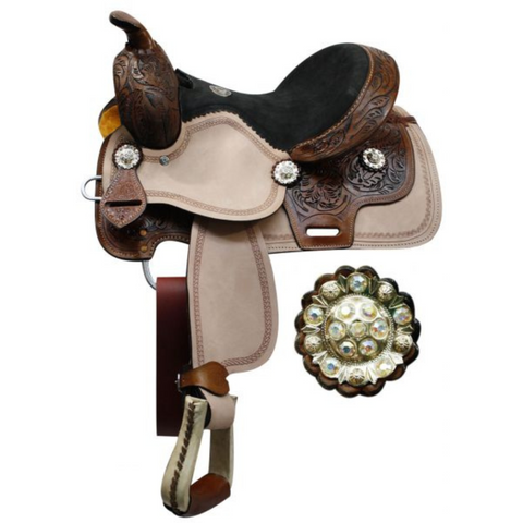 12" DOUBLE T YOUTH SADDLE WITH FLORAL TOOLED POMMEL, CANTLE, AND SKIRT - Double T Saddles