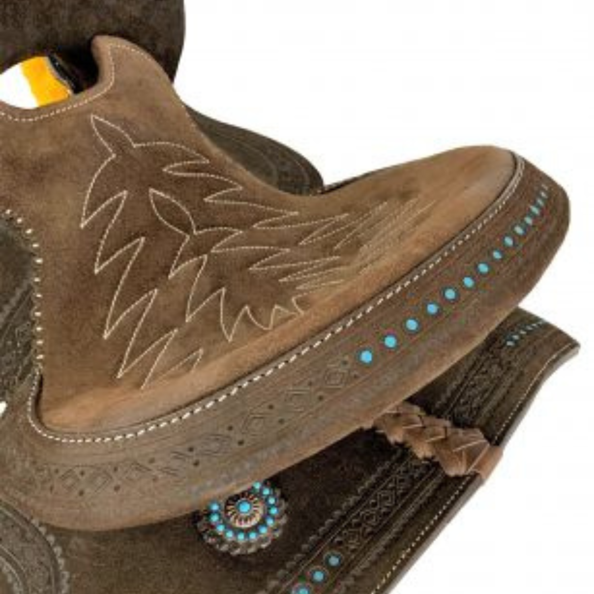 12" Double T  Barrel style saddle with Oiled Rough out leather, Teal buckstitch accents and flower conchos - Double T Saddles