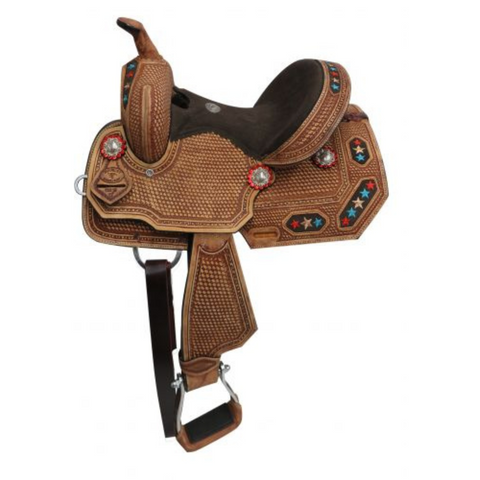12" Double T  Youth/Pony embroidered star barrel saddle. - Double T Saddles