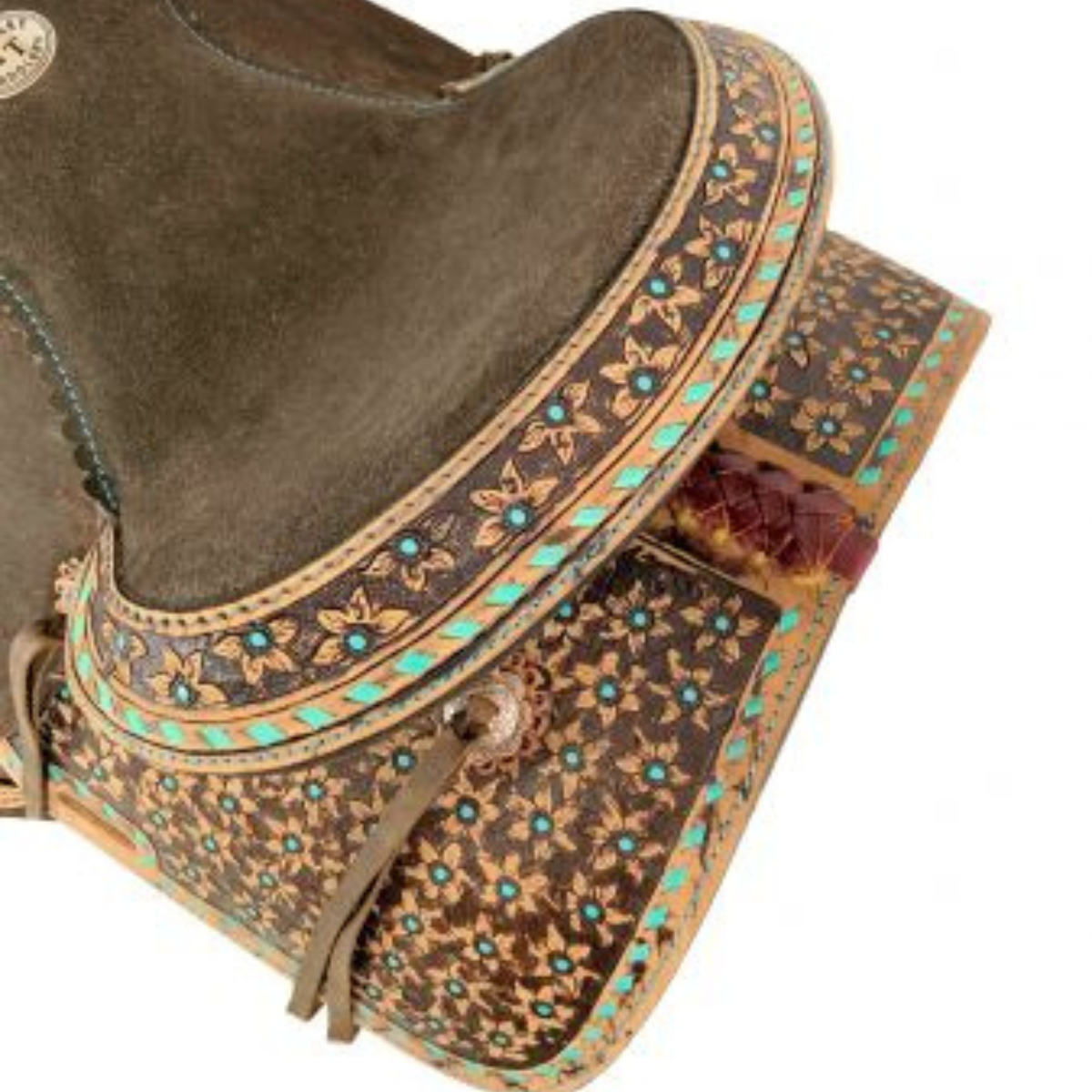 12" Double T Barrel style saddle with Micro Flower tooling and buck stitch - Double T Saddles