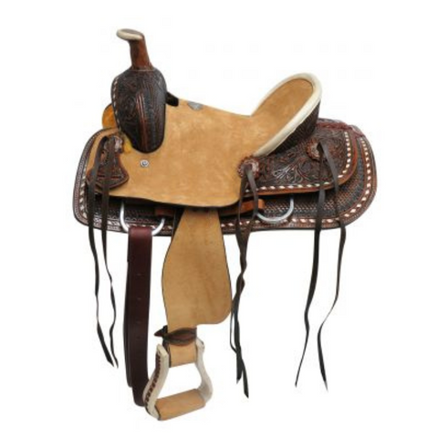 12" Double T Youth hard seat roper style saddle with basket and floral tooled leather. - Double T Saddles