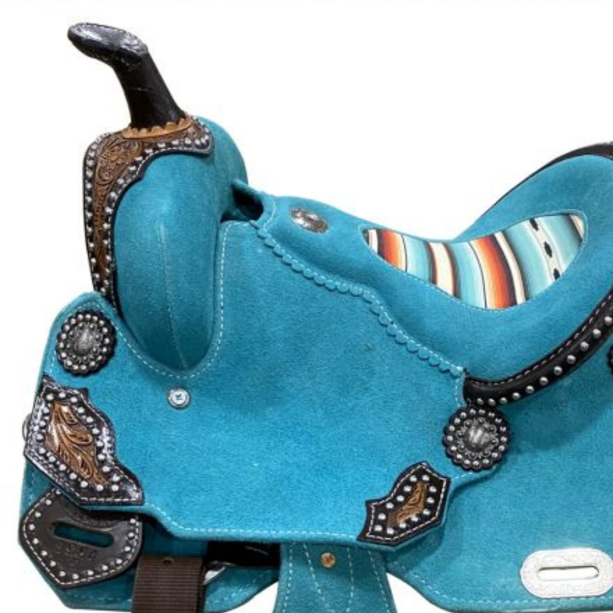 13" DOUBLE T TEAL ROUGH OUT BARREL STYLE SADDLE WITH SOUTHWEST PRINTED INLAY - Double T Saddles