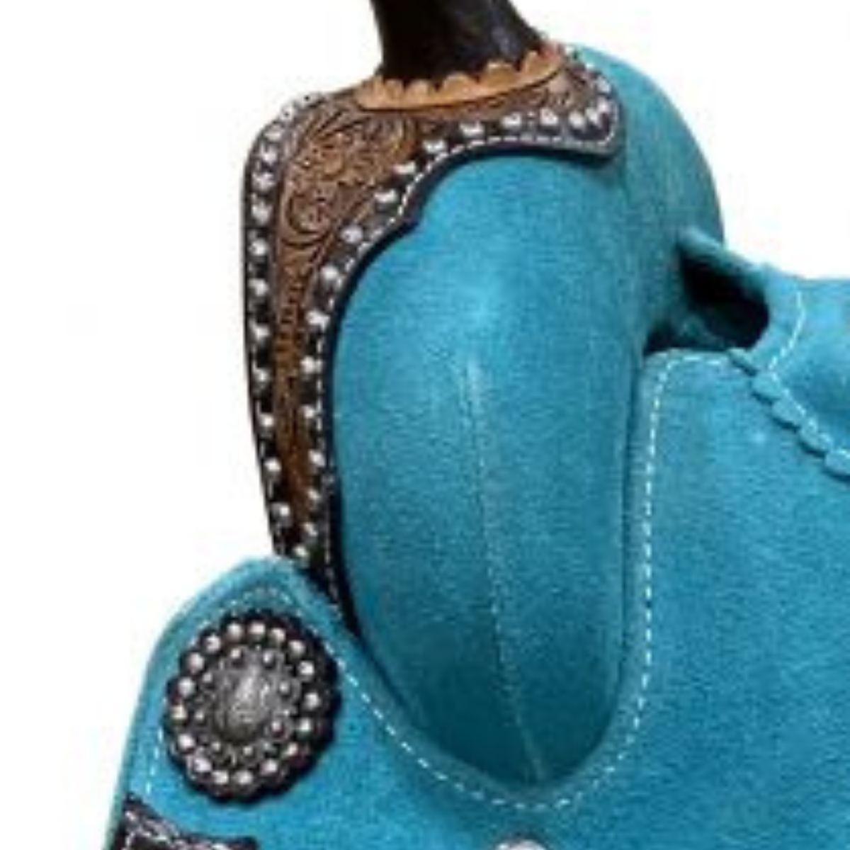13" DOUBLE T TEAL ROUGH OUT BARREL STYLE SADDLE WITH SOUTHWEST PRINTED INLAY - Double T Saddles