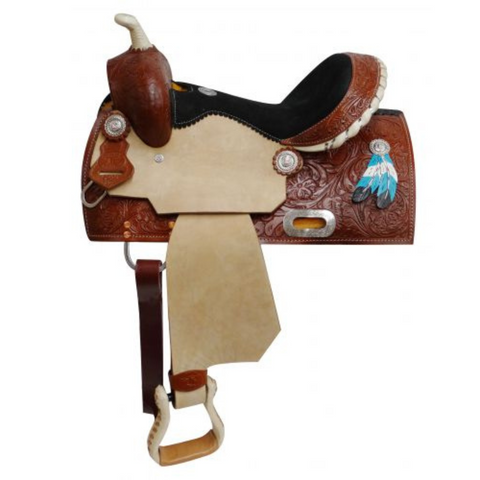13" DOUBLE T  YOUTH SADDLE WITH PAINTED FEATHER ACCENTS - Double T Saddles