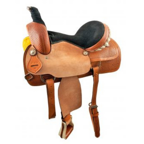 16" MEDIUM OIL ROPER STYLE SADDLE WITH ROUGH OUT FENDERS & JOCKEYS WITH BASKET STAMP TOOLING AND BLACK SUEDE SEAT - Double T Saddles