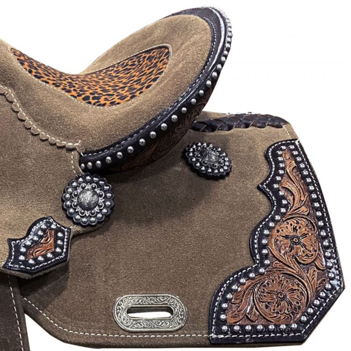 13" Double T Rough Out Barrel Style Saddle With Cheetah Printed Inlay - Double T Saddles