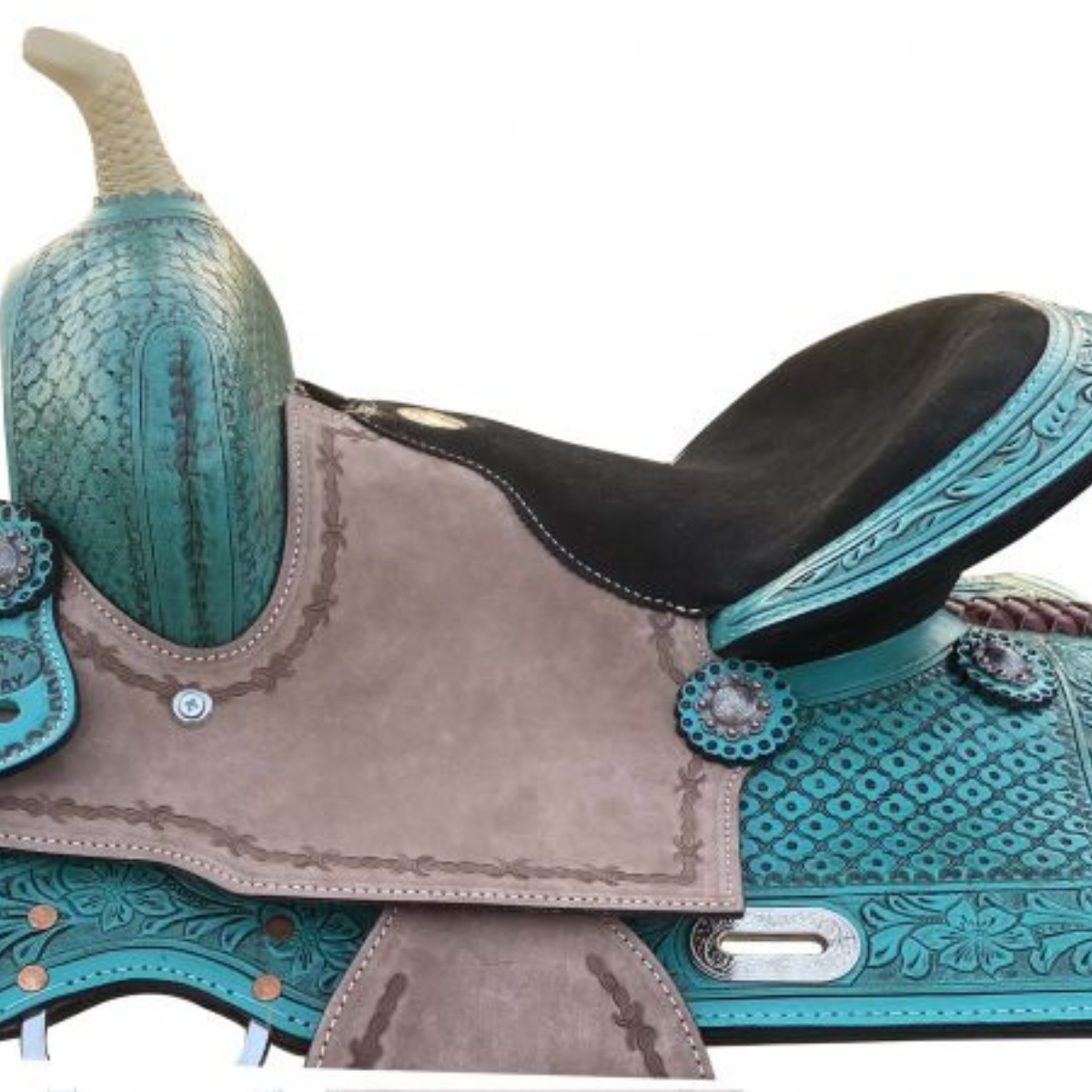 13" DOUBLE T TEAL PONY/YOUTH SADDLE WITH ROUGH OUT ACCENTS - Double T Saddles