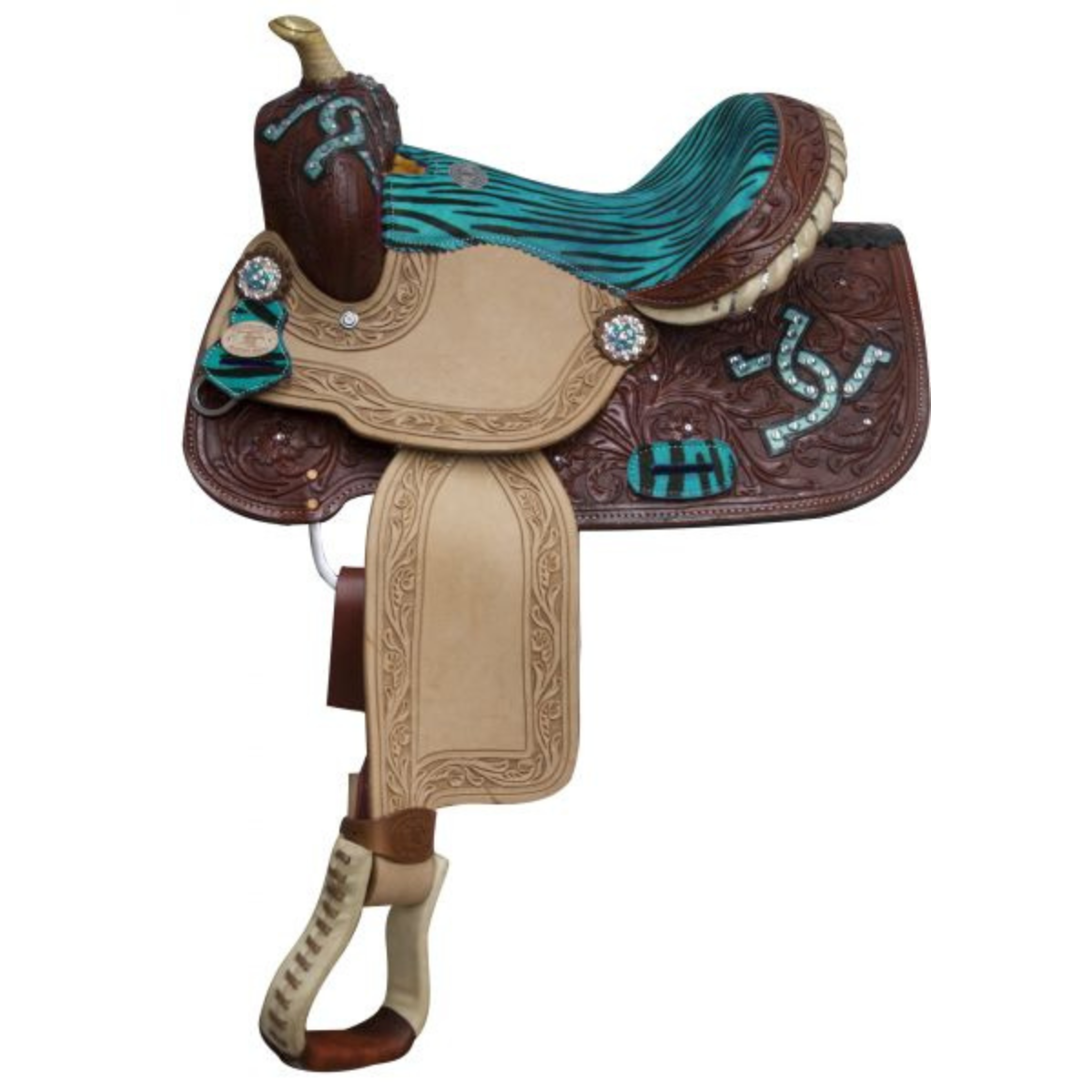 13" DOUBLE T YOUTH BARREL SADDLE WITH ZEBRA PRINT SEAT - Double T Saddles