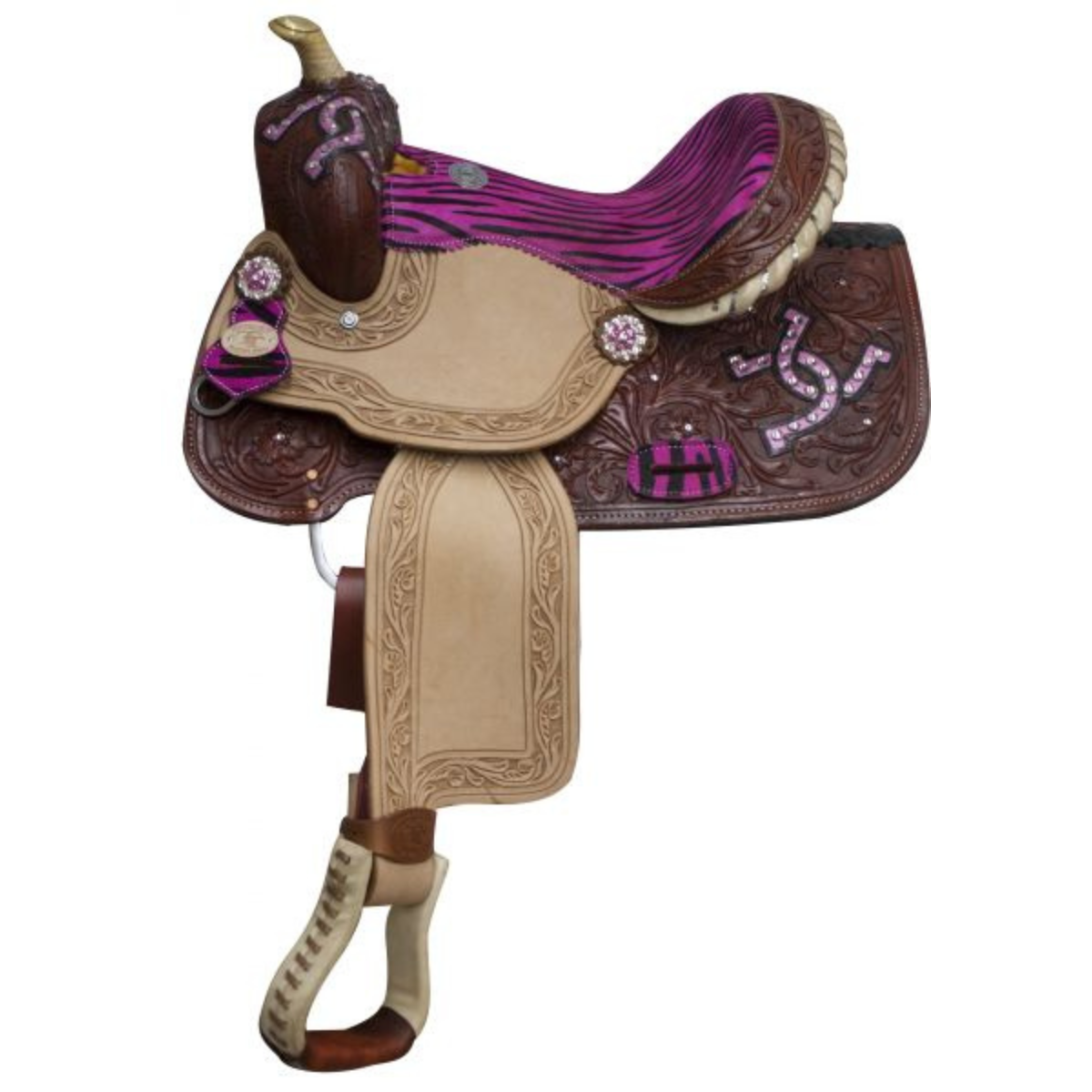 13" DOUBLE T YOUTH BARREL SADDLE WITH ZEBRA PRINT SEAT - Double T Saddles