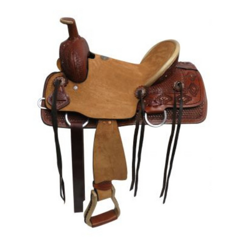 13" DOUBLE T YOUTH HARD SEAT ROPER STYLE SADDLE WITH BASKET WEAVE AND NAVAJO DIAMOND TOOL - Double T Saddles