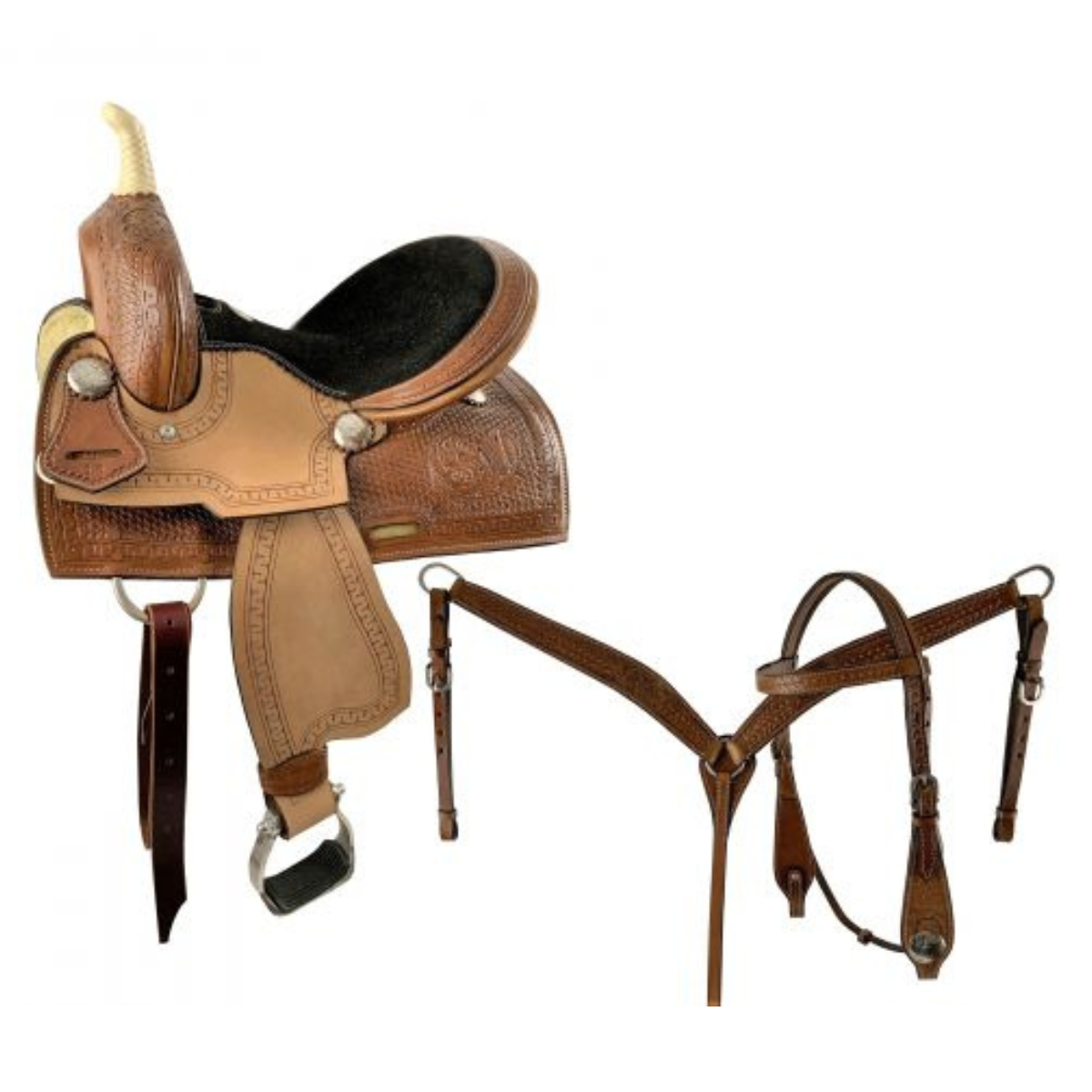 13" DOUBLE T  YOUTH HI-BACK BARREL SADDLE SET WITH BLACK SUEDE SEAT - Double T Saddles