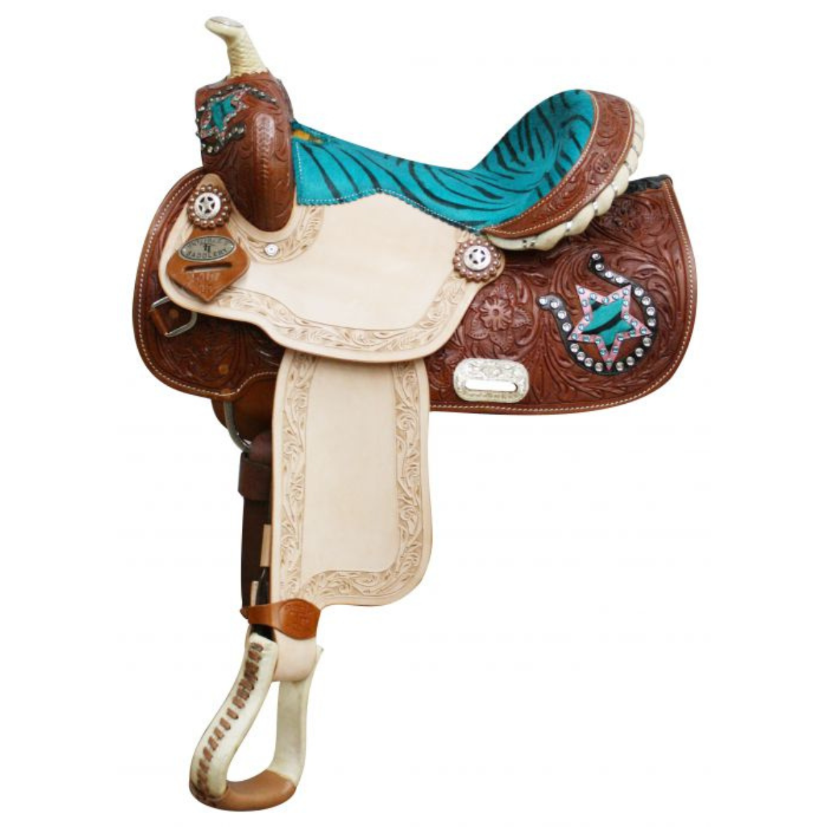 13" DOUBLE T YOUTH/ PONY SADDLE WITH HAIR ON ZEBRA PRINT SEAT AND HORSE SHOE AND STAR ACCE - Double T Saddles