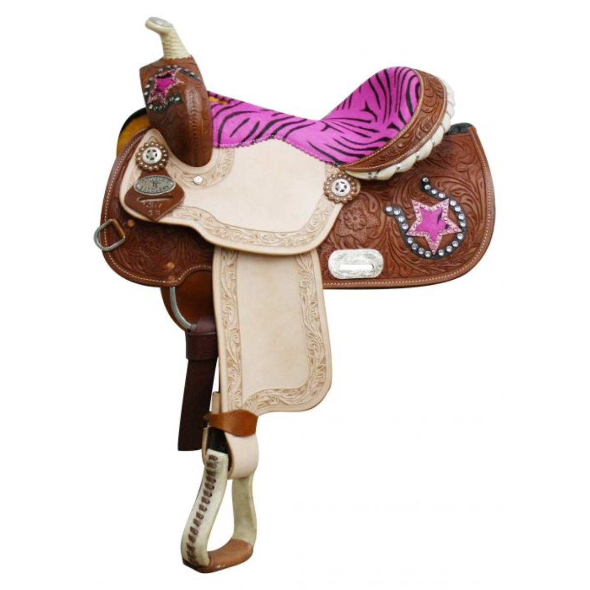 13" DOUBLE T YOUTH/ PONY SADDLE WITH HAIR ON ZEBRA PRINT SEAT AND HORSE SHOE AND STAR ACCE - Double T Saddles