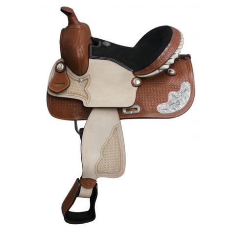 13" DOUBLE T YOUTH ROPING SADDLE, BASKETWEAVE TOOLED, SUEDE LEATHER SEAT - Double T Saddles