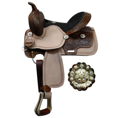 13" DOUBLE T YOUTH SADDLE WITH FLORAL TOOLED POMMEL, CANTLE, AND SKIRT - Double T Saddles