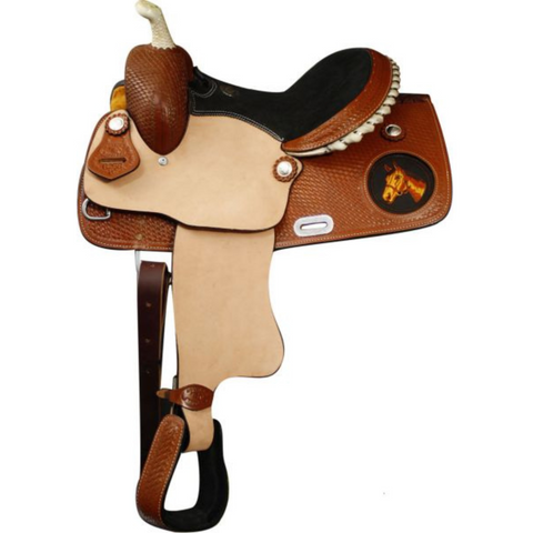 13" Double T youth saddle with horse head on skirt - Double T Saddles