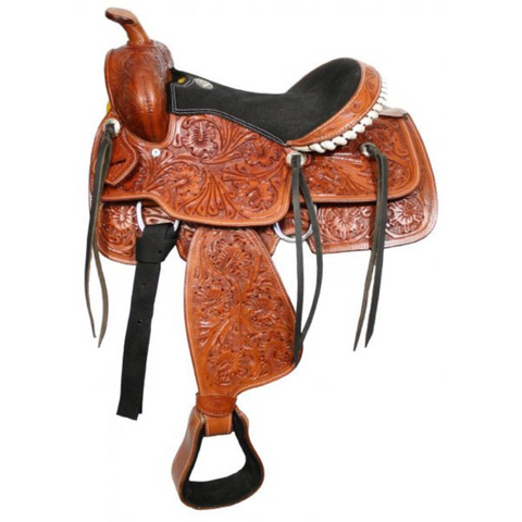 13" FULLY TOOLED  DOUBLE T YOUTH SADDLE WITH SUEDE LEATHER SEAT - Double T Saddles