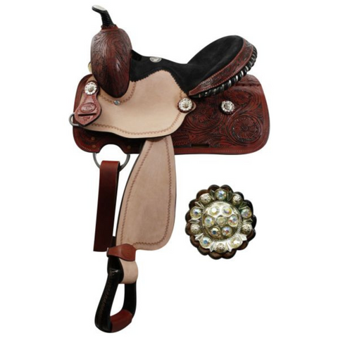 13" YOUTH DOUBLE T BARREL SADDLE WITH FULLY TOOLED POMMEL, SKIRTS AND CANTLE - Double T Saddles